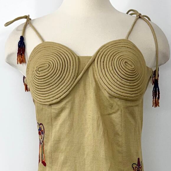 FARM Rio Embroidered Linen Blend Side Slit Midi Dress Ivory Beige M NWT - Picture 3 of 10